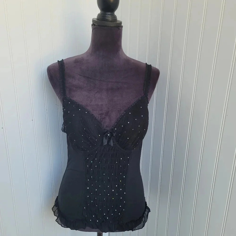 Secret Treasures Intimates Lace Babydoll Lingerie Black Sequin Mesh Size 38